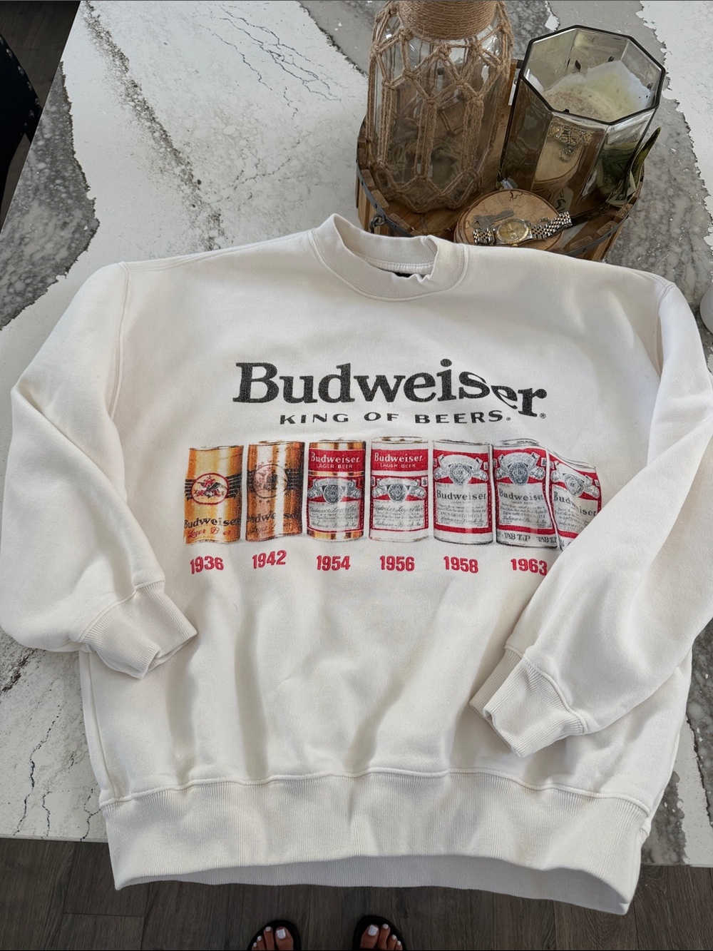 Abercrombie & Fitch Cream Budweiser Crewneck Sweatshirt with Multicolor Graphic